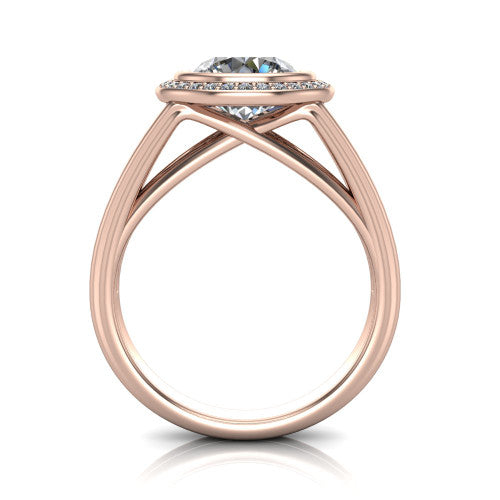 Tatum round halo engagement ring in 14K Rose Gold, through-finger front profile showing the halo head raised above the open split band