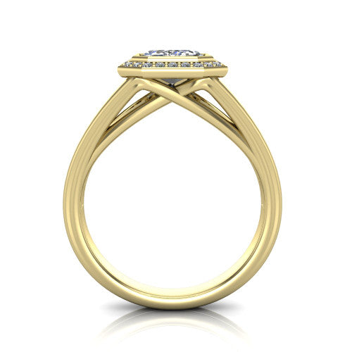Tatum emerald halo engagement ring in 14K Yellow Gold, through-finger front profile showing the halo head raised above the open split band