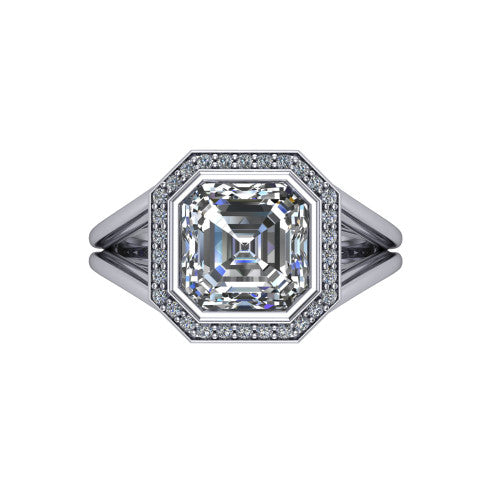 Tatum asscher halo engagement ring in 18K White Gold, top-down view showing the center diamond framed by a pav&eacute; halo where the split shank rails meet the head