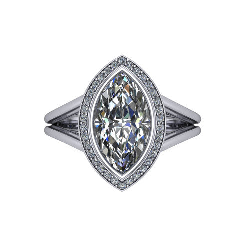 Tatum marquise halo engagement ring in 18K White Gold, top-down view showing the center diamond framed by a pav&eacute; halo where the split shank rails meet the head