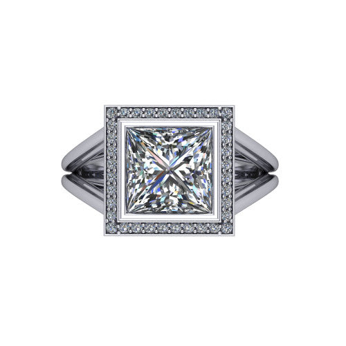 Tatum princess halo engagement ring in 18K White Gold, top-down view showing the center diamond framed by a pav&eacute; halo where the split shank rails meet the head
