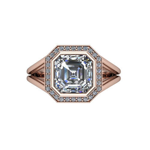 Tatum asscher halo engagement ring in 14K Rose Gold, top-down view showing the center diamond framed by a pav&eacute; halo where the split shank rails meet the head