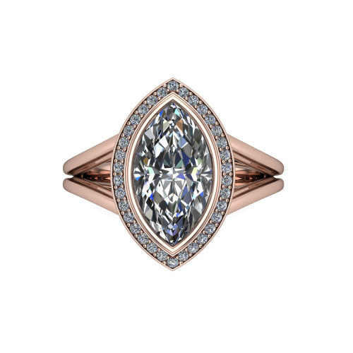 Tatum marquise halo engagement ring in 14K Rose Gold, top-down view showing the center diamond framed by a pav&eacute; halo where the split shank rails meet the head