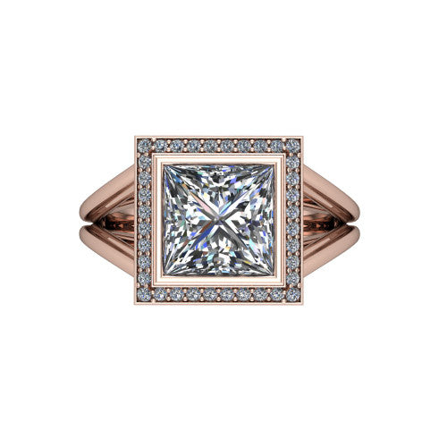 Tatum princess halo engagement ring in 14K Rose Gold, top-down view showing the center diamond framed by a pav&eacute; halo where the split shank rails meet the head