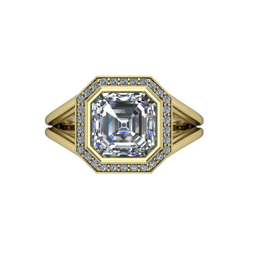 Tatum asscher halo engagement ring in 14K Yellow Gold, top-down view showing the center diamond framed by a pav&eacute; halo where the split shank rails meet the head