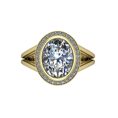 Tatum oval halo engagement ring in 14K Yellow Gold, top-down view showing the center diamond framed by a pav&eacute; halo where the split shank rails meet the head