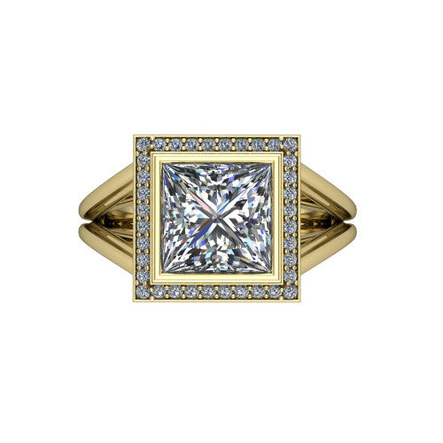 Tatum princess halo engagement ring in 14K Yellow Gold, top-down view showing the center diamond framed by a pav&eacute; halo where the split shank rails meet the head