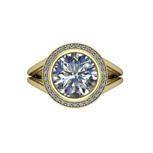 Tatum round halo engagement ring in 14K Yellow Gold, top-down view showing the center diamond framed by a pav&eacute; halo where the split shank rails meet the head