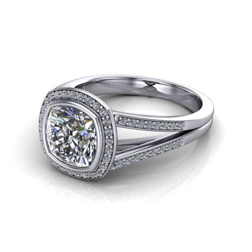 Daphne cushion halo engagement ring in 14K White Gold, three-quarter perspective showing the haloed center raised above a pav&eacute; split shank