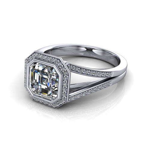 Daphne asscher halo engagement ring in Platinum, three-quarter perspective showing the haloed center raised above a pav&eacute; split shank