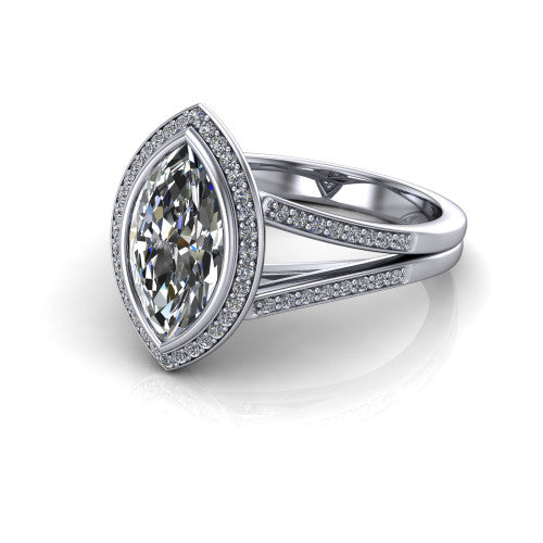 Daphne marquise halo engagement ring in 18K White Gold, three-quarter perspective showing the haloed center raised above a pav&eacute; split shank