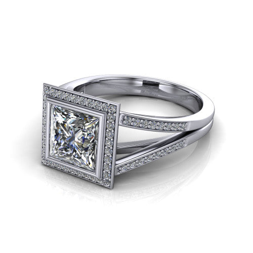 Daphne princess halo engagement ring in 18K White Gold, three-quarter perspective showing the haloed center raised above a pav&eacute; split shank