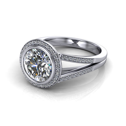 Daphne round halo engagement ring in 14K White Gold, three-quarter perspective showing the haloed center raised above a pav&eacute; split shank