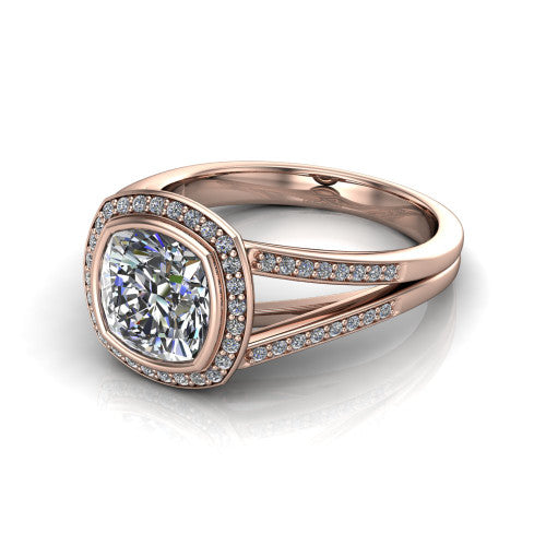 Daphne cushion halo engagement ring in 18K Rose Gold, three-quarter perspective showing the haloed center raised above a pav&eacute; split shank