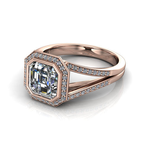 Daphne asscher halo engagement ring in 18K Rose Gold, three-quarter perspective showing the haloed center raised above a pav&eacute; split shank