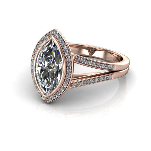 Daphne marquise halo engagement ring in 18K Rose Gold, three-quarter perspective showing the haloed center raised above a pav&eacute; split shank