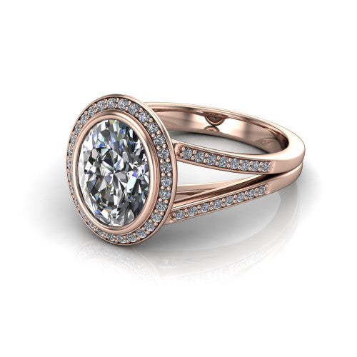 Daphne oval halo engagement ring in 18K Rose Gold, three-quarter perspective showing the haloed center raised above a pav&eacute; split shank