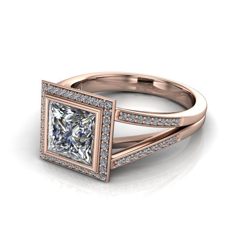 Daphne princess halo engagement ring in 18K Rose Gold, three-quarter perspective showing the haloed center raised above a pav&eacute; split shank