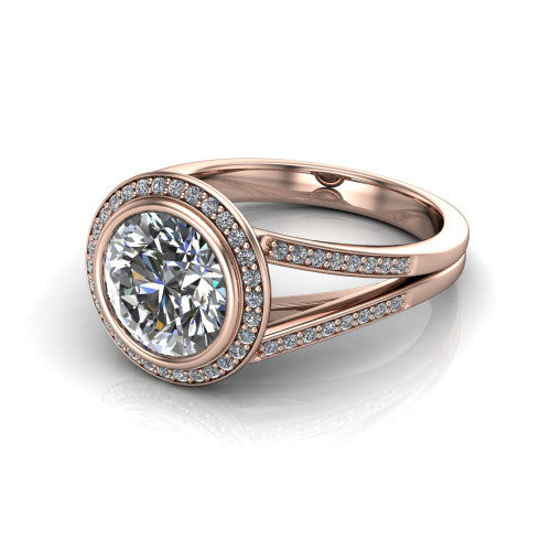 Daphne round halo engagement ring in 14K Rose Gold, three-quarter perspective showing the haloed center raised above a pav&eacute; split shank