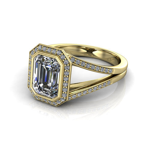 Daphne emerald halo engagement ring in 18K Yellow Gold, three-quarter perspective showing the haloed center raised above a pav&eacute; split shank