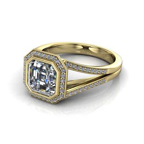 Daphne asscher halo engagement ring in 18K Yellow Gold, three-quarter perspective showing the haloed center raised above a pav&eacute; split shank