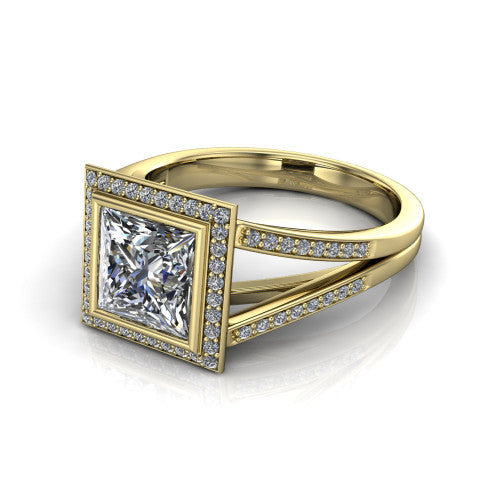 Daphne princess halo engagement ring in 14K Yellow Gold, three-quarter perspective showing the haloed center raised above a pav&eacute; split shank