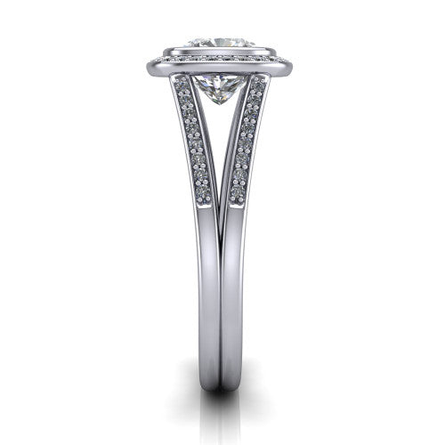 Daphne cushion halo engagement ring in 18K White Gold, side profile showing the pav&eacute; split shank dividing into two diamond-lined rails beneath the halo