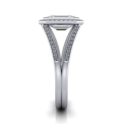 Daphne emerald halo engagement ring in Platinum, side profile showing the pav&eacute; split shank dividing into two diamond-lined rails beneath the halo