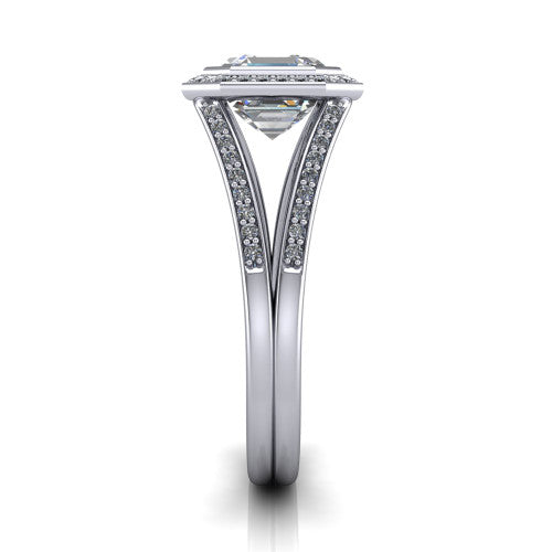 Daphne asscher halo engagement ring in Platinum, side profile showing the pav&eacute; split shank dividing into two diamond-lined rails beneath the halo