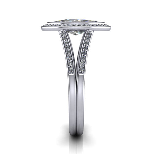 Daphne marquise halo engagement ring in 14K White Gold, side profile showing the pav&eacute; split shank dividing into two diamond-lined rails beneath the halo