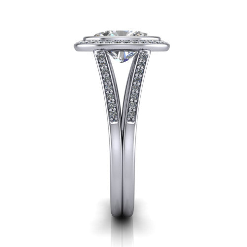 Daphne oval halo engagement ring in Platinum, side profile showing the pav&eacute; split shank dividing into two diamond-lined rails beneath the halo