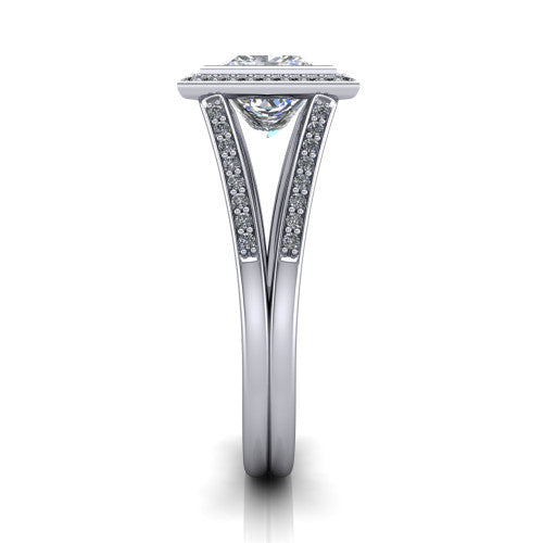 Daphne princess halo engagement ring in 18K White Gold, side profile showing the pav&eacute; split shank dividing into two diamond-lined rails beneath the halo