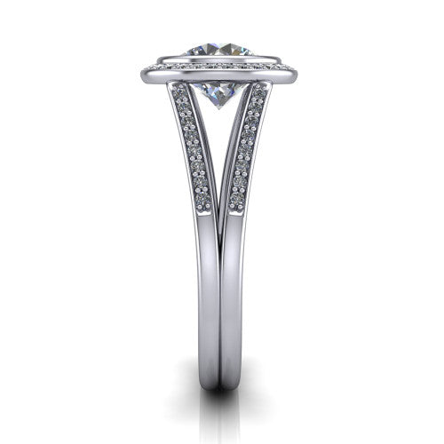 Daphne round halo engagement ring in 18K White Gold, side profile showing the pav&eacute; split shank dividing into two diamond-lined rails beneath the halo