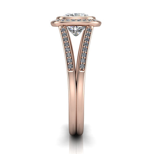 Daphne cushion halo engagement ring in 14K Rose Gold, side profile showing the pav&eacute; split shank dividing into two diamond-lined rails beneath the halo