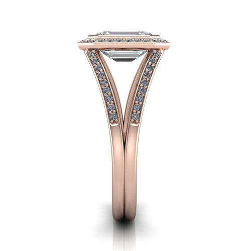 Daphne emerald halo engagement ring in 18K Rose Gold, side profile showing the pav&eacute; split shank dividing into two diamond-lined rails beneath the halo