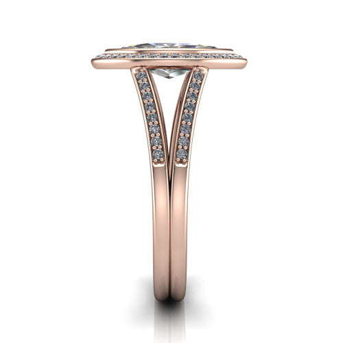 Daphne marquise halo engagement ring in 14K Rose Gold, side profile showing the pav&eacute; split shank dividing into two diamond-lined rails beneath the halo