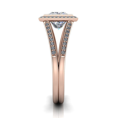 Daphne princess halo engagement ring in 18K Rose Gold, side profile showing the pav&eacute; split shank dividing into two diamond-lined rails beneath the halo