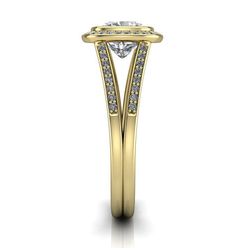 Daphne cushion halo engagement ring in 18K Yellow Gold, side profile showing the pav&eacute; split shank dividing into two diamond-lined rails beneath the halo