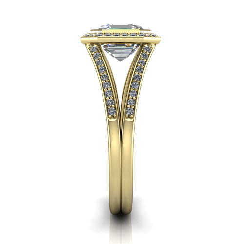 Daphne asscher halo engagement ring in 14K Yellow Gold, side profile showing the pav&eacute; split shank dividing into two diamond-lined rails beneath the halo
