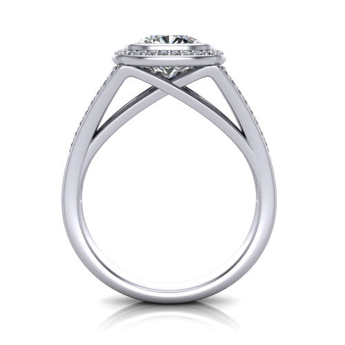 Daphne cushion halo engagement ring in 14K White Gold, through-finger front profile showing the halo head raised above the pav&eacute; split band