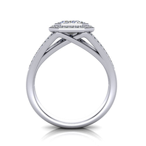 Daphne emerald halo engagement ring in 18K White Gold, through-finger front profile showing the halo head raised above the pav&eacute; split band