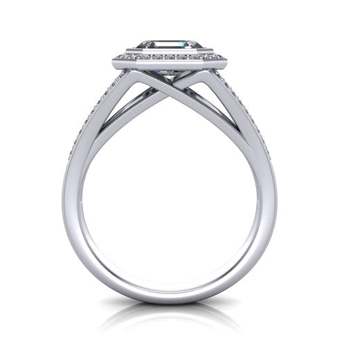 Daphne asscher halo engagement ring in 14K White Gold, through-finger front profile showing the halo head raised above the pav&eacute; split band