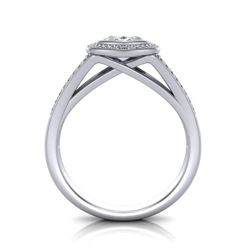 Daphne marquise halo engagement ring in 18K White Gold, through-finger front profile showing the halo head raised above the pav&eacute; split band
