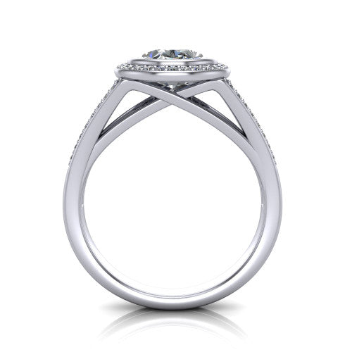 Daphne oval halo engagement ring in 14K White Gold, through-finger front profile showing the halo head raised above the pav&eacute; split band