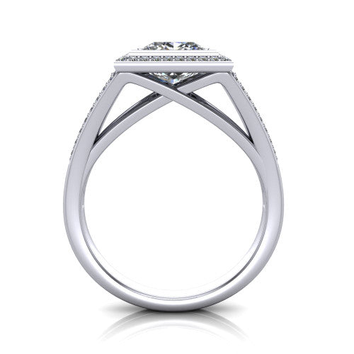Daphne princess halo engagement ring in 14K White Gold, through-finger front profile showing the halo head raised above the pav&eacute; split band