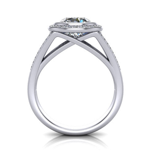 Daphne round halo engagement ring in 18K White Gold, through-finger front profile showing the halo head raised above the pav&eacute; split band