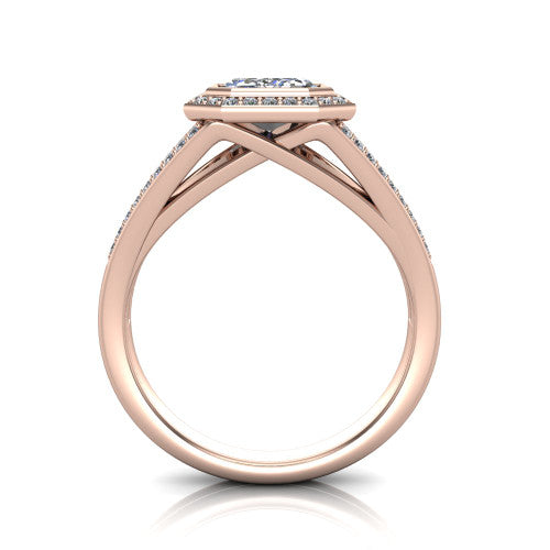 Daphne emerald halo engagement ring in 14K Rose Gold, through-finger front profile showing the halo head raised above the pav&eacute; split band