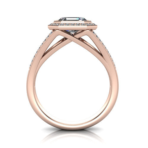 Daphne asscher halo engagement ring in 14K Rose Gold, through-finger front profile showing the halo head raised above the pav&eacute; split band