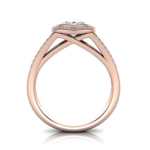Daphne marquise halo engagement ring in 14K Rose Gold, through-finger front profile showing the halo head raised above the pav&eacute; split band