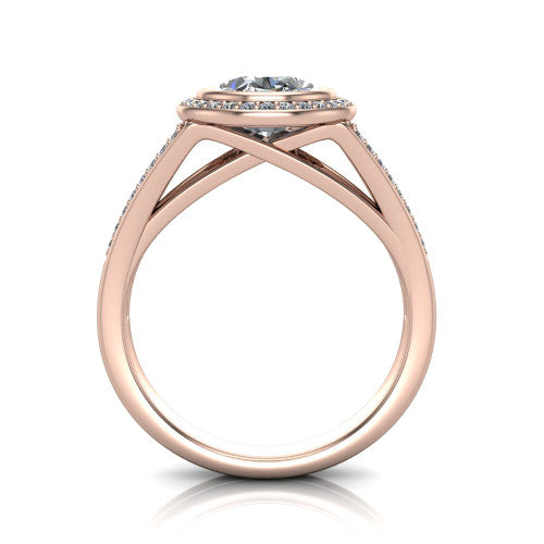 Daphne oval halo engagement ring in 18K Rose Gold, through-finger front profile showing the halo head raised above the pav&eacute; split band